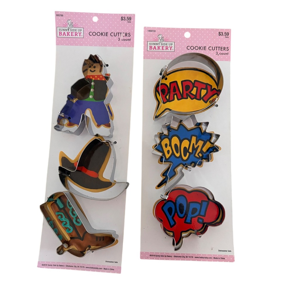 Sunny Side Up Bakery Cookie Cutters Cowboy & Comic Book Sets 6 Count Metal